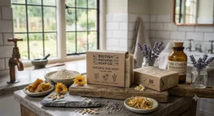 Plastic-free cardboard packaging for a British brand of natural bar soap for dry skin.