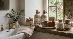 A textured natural bar soap infused with ground oats and sea salt, designed for gentle skin exfoliation and cleansing.