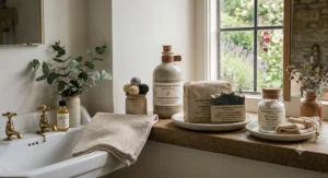 A traditional artisan soap maker pouring a fresh batch of cold-process natural bar soap into a wooden mould in a UK workshop.
