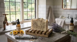 Calming lavender essential oil natural bar soap for dry skin, ideal for a relaxing bath or shower routine.
