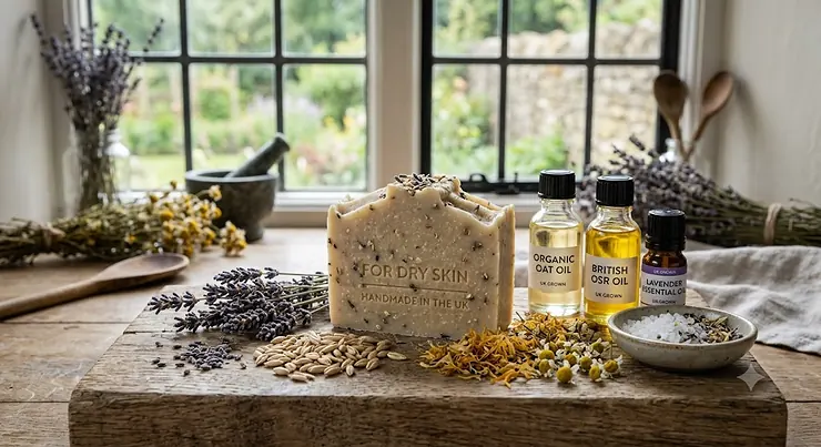 Natural bar soap for dry skin formulated with organic British botanicals and nourishing plant oils.