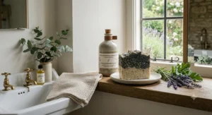 An illustration showing natural bar soap ingredients including British lavender, chamomile flowers, organic oats, and moisturising olive oil.