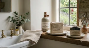 An eco-friendly natural bar soap wrapped in 100% plastic-free, recyclable cardboard packaging, demonstrating sustainable bathroom choices.