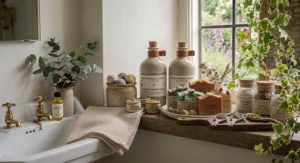 A modern, minimal UK bathroom shower ledge holding an organic natural bar soap resting on a sustainable sisal soap-saver pouch.
