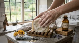 Sulphate-free natural bar soap for dry skin creating a rich, creamy lather without stripping natural oils.