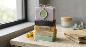 Stack of artisan cruelty free vegan soap bars displayed in a modern eco-friendly bathroom