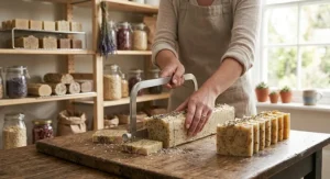 An artisan carefully cutting traditional cold-process vegan soap bars by hand in a UK-based sustainable workshop.