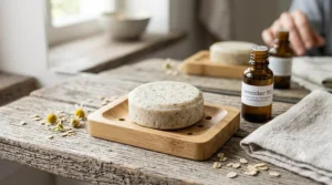 Artisan handmade organic soap bar for face displayed on a modern eco-friendly bamboo draining soap dish