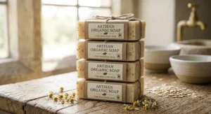 A stack of British artisan organic soap bars for sensitive skin wrapped in eco friendly plastic free packaging.