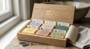 A luxury gift set featuring a collection of artisan organic soap bars in a beautifully designed presentation box.
