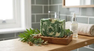 Artisan tea tree and eucalyptus palm oil free soap bar displaying natural botanical ingredients