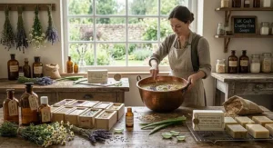 Illustration of traditional artisan soap crafting in a UK workshop creating natural soap for sensitive skin.