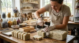 Artisan soapmaker slicing a large block of freshly made plant based vegan soap bar into slices
