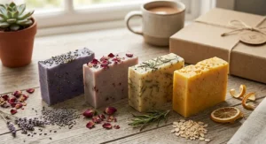 A selection of botanical soap bars from the vegan gift set, showcasing lavender, rose, and citrus varieties.