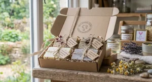 An assortment of the best ethical soap bars presented in a recycled cardboard gift box