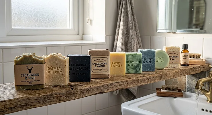 An assortment of the best natural bar soap for men displayed on a rustic wooden shelf in a British bathroom.