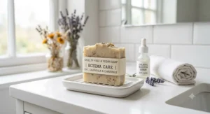 A minimalist bathroom display featuring a premium natural soap bar for eczema on a white ceramic draining dish.