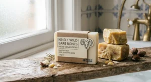 Gentle, unscented vegan soap bar for men with sensitive skin, displayed with moisturizing shea butter blocks.