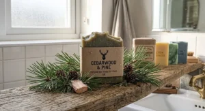A cedarwood and pine scented natural bar soap for men arranged with fresh forest pine needles.