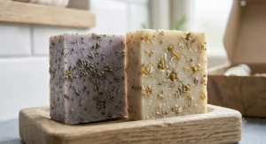 Close-up of textured, cold-processed soap bars from an organic gift set showing real flower petals and exfoliating grains.