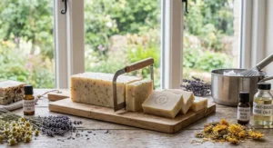 Artisanal cold process soap bars sliced into blocks made with natural plant-based oils