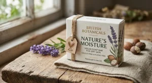 Eco-friendly plastic-free packaging of a premium British vegan soap bar for dry skin.