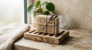 Close-up of eco-friendly packaging on a cruelty-free palm oil free vegan soap bar.