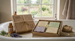 Illustration of a eco-conscious gift set containing assorted bars of British cruelty-free soap for sensitive skin.