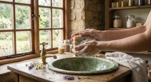 Rich creamy lather created by an all-natural cruelty-free soap bar on wet hands