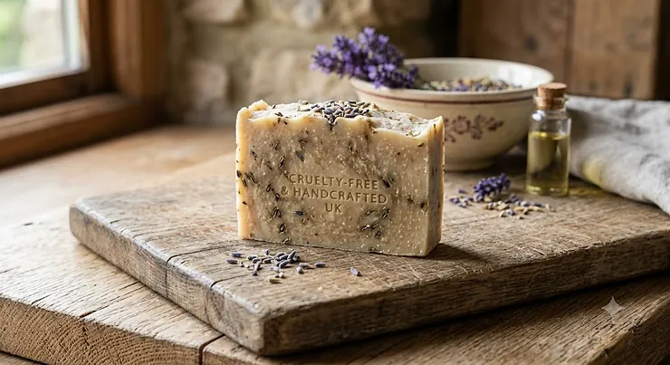 Handcrafted cruelty-free soap bar infused with organic lavender and botanical oils on a wooden board