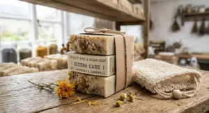 A stack of three vegan and cruelty-free natural soap bars for eczema resting next to a natural sisal soap saver bag.
