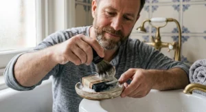 A British man using a shaving brush to create lather from a cruelty-free vegan soap bar for men.