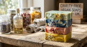 Stack of colourful cruelty free vegan soap bars handmade in the UK with natural ingredients