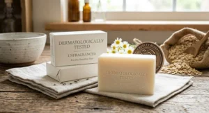 An illustration highlighting a dermatologically tested, unfragranced soap bar formulated for dry sensitive skin.