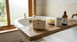 Cruelty-free and palm oil free soap for sensitive skin packaged in recyclable plastic-free paper wrapper.