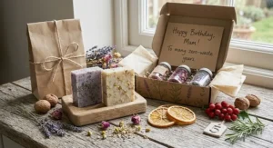 An eco-friendly organic soap bar gift set arranged with festive decorations as a thoughtful, zero-waste birthday present.