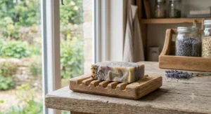 Eco-friendly zero waste soap bar resting on a sustainably sourced wooden draining dish