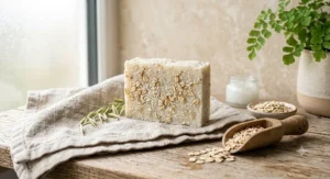 Exfoliating oatmeal and coconut oil palm oil free vegan soap bar on a linen cloth.