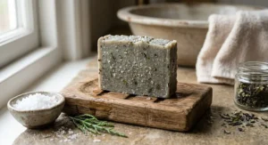 An exfoliating organic soap bar blended with natural British sea salt for a refreshing bathroom experience.