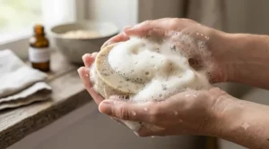 Rich creamy foaming lather produced from a gentle organic soap bar for face cleansing