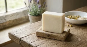An unfragranced organic soap bar for sensitive skin sitting on a rustic wooden soap dish.