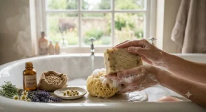 Illustration of a relaxing bath routine featuring a rich, gentle lather from a cruelty-free soap bar for sensitive skin.