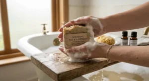 Rich creamy lather from a gentle palm oil free soap bar designed for sensitive skin care.