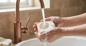 A gentle moisturising vegan soap bar for dry skin being used under running water to create a rich creamy lather.