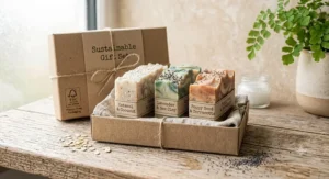 Sustainable gift set featuring three handcrafted palm oil free vegan soap bars in plastic-free packaging.