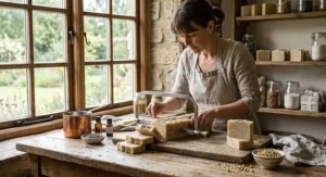 Artisan cutting a fresh batch of palm-oil-free cruelty-free soap bars in a UK workshop