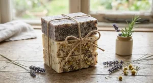 Three handcrafted organic soap bars scented with lavender and chamomile, tied together with natural jute twine.