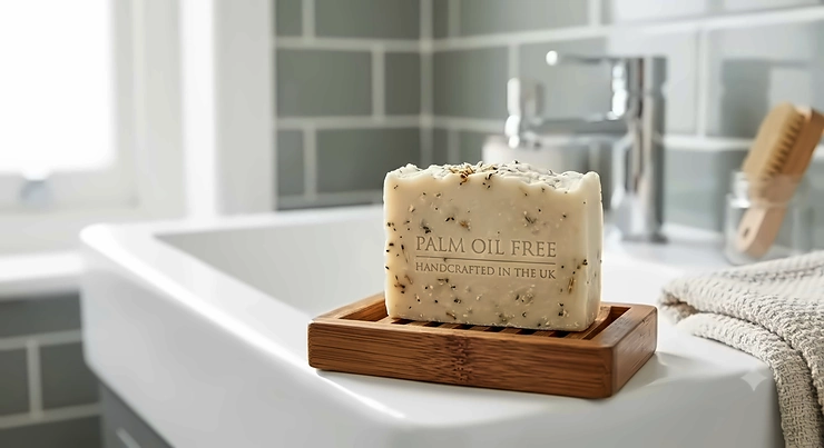 Handcrafted palm oil free soap bar resting on a sustainable wooden soap dish in a modern British bathroom