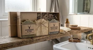 A gift box containing three varieties of handmade natural bar soap for men wrapped in eco friendly packaging.