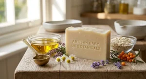 An artisan handmade organic soap bar for babies, crafted with sustainably sourced UK botanicals and nourishing oils.